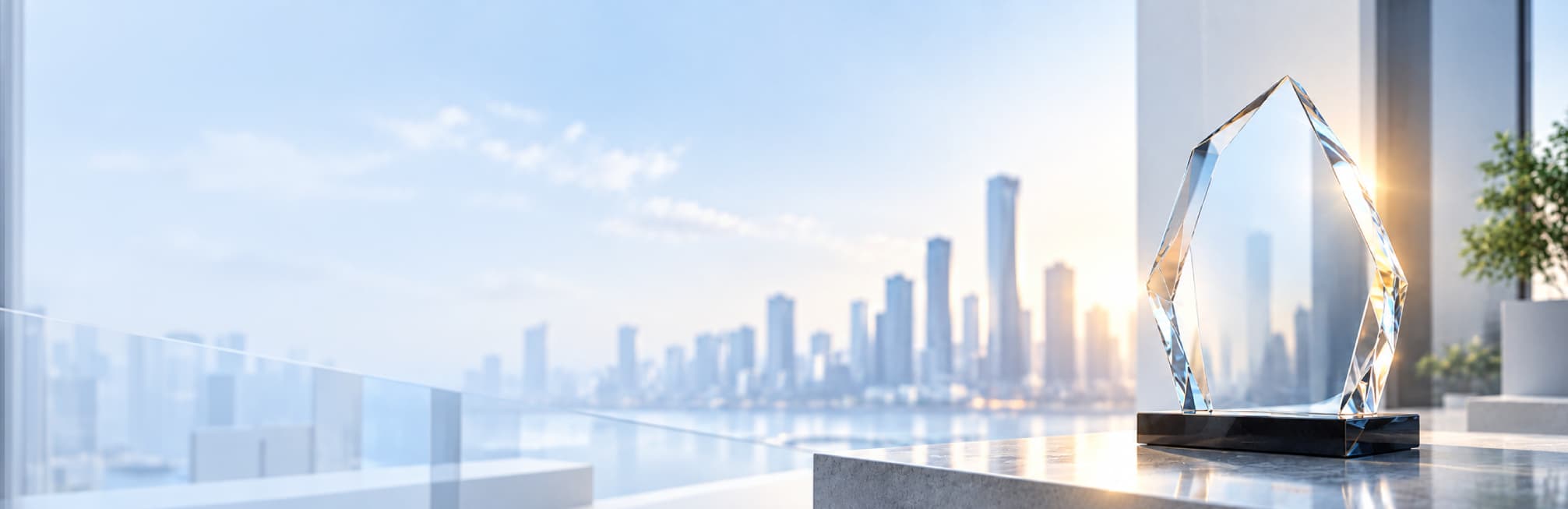 A crystal award on a rooftop terrace overlooking a city skyline
